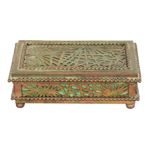 Tiffany Studios New York Pine Needle Pattern Bronze and Favrile Slag Glass Stamp Box