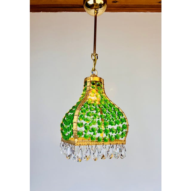 Pair Match 1960s Mosque Chandelier – Emerald Green Crystal Brass Pendant Light For Sale - Image 10 of 13