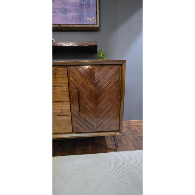 1960s Legacy Chevron Artisan Restored Walnut Credenza - 66" For Sale - Image 15 of 18