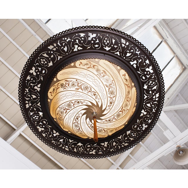 Art Nouveau Fortuny Scudo Saraceno Venetian Bronze Silk Lamp Chandelier For Sale In Sacramento - Image 6 of 18