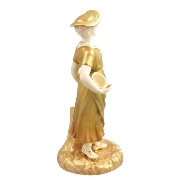 1950s Gilt Porcelain Hadley Model 1774 Figure of Girl with Bowl from Royal Worcester, 1954 For Sale - Image 5 of 12