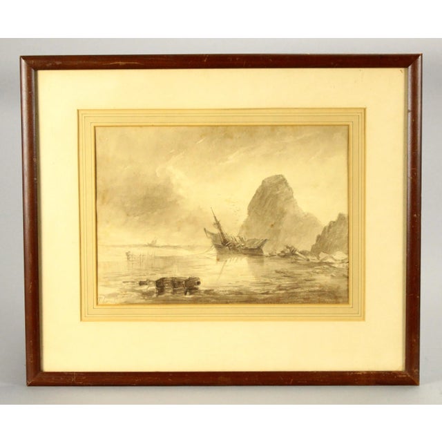 Off-white Antique Charles Thornely British Brown Ink Wash Drawing of a Cornwall Rocky Shore W. Shipwreck For Sale - Image 8 of 8