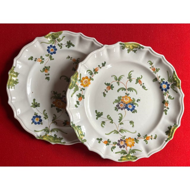 Pair antique 19th century Italian Cantagalli faience pottery dinner plates from Florence. Decorated with floral sprig in...