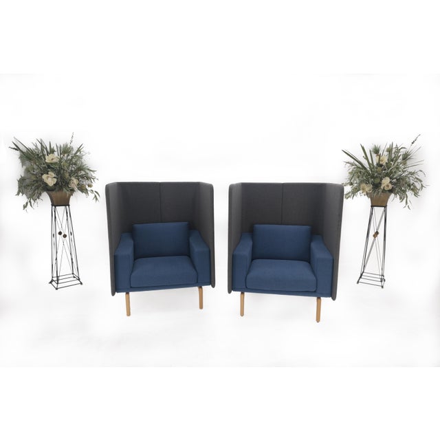 Pair Mid Century Modern Wingback Lounge Chairs Blue Grey Wool Upholstery MINT! For Sale - Image 15 of 18