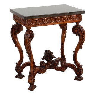 Napoleon III Style Carved Walnut Side Table with Bluestone Top, France, 1900s For Sale