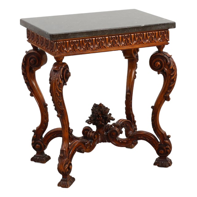 Napoleon III Style Carved Walnut Side Table with Bluestone Top, France, 1900s For Sale