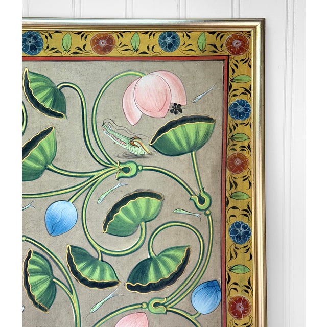 Vintage 4x6 Hindu Lotus Pond Pichwai Framed Wall Panel Art For Sale - Image 6 of 12