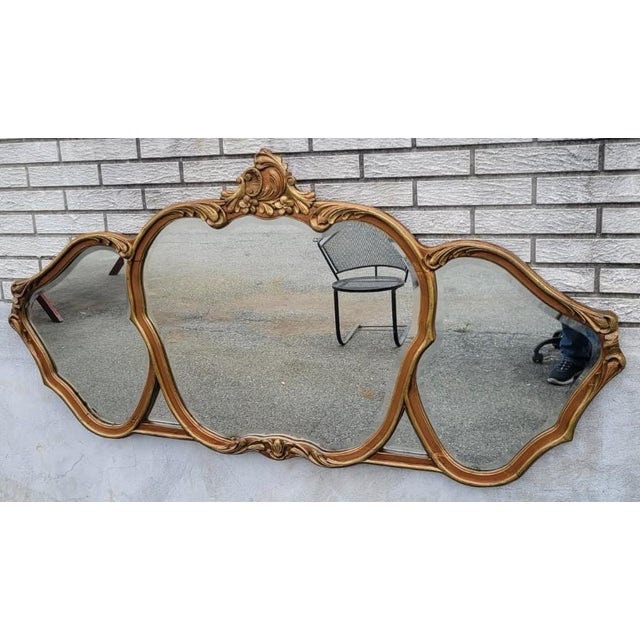 1920 Louis XV Style Triple Gilded Wall Mirror Gold Rococo Accent For Sale - Image 4 of 17