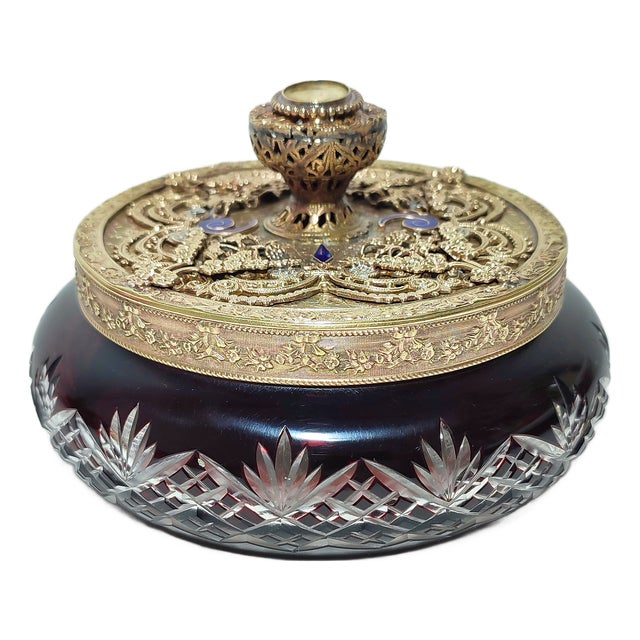 Vintage Gold Art Glass and Metal Jewelry Box, 1920s For Sale