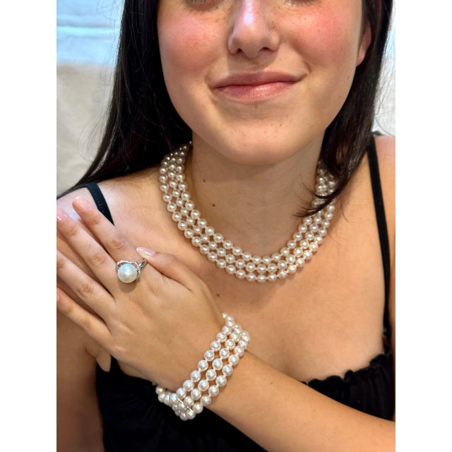 14MM Round White South Sea Pearl & Diamond Heart Ring , 18 K White Gold, Vintage For Sale - Image 12 of 18