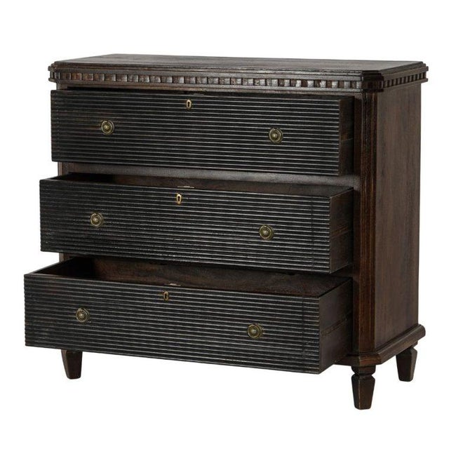 Re-edition Gustavian Style Chest of Drawers Antiqued Brown and Charcoal Finished Wood Three Drawers and Brass Pulls Keys...