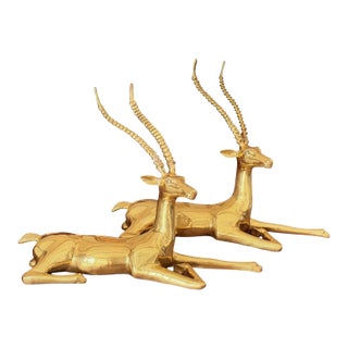 Vintage Ethan Allen Brass Reclining Gazelle Sculptures, Matching Pair For Sale