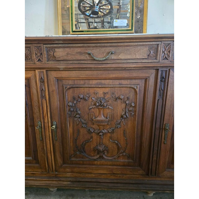 Brown Antique French Louis XVI Style Walnut Sideboard / Buffet With Marble Top 3-Door Cabinet For Sale - Image 8 of 11