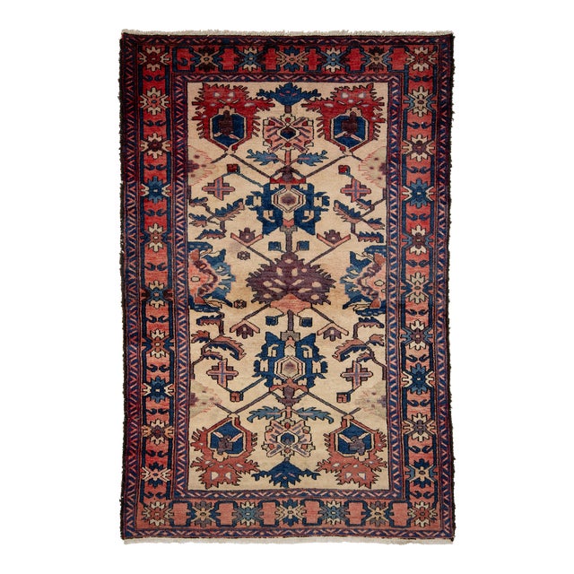 4 X 7 Vintage Bakhtiari Wool Rug Handmade in Beige With Geometric Design For Sale