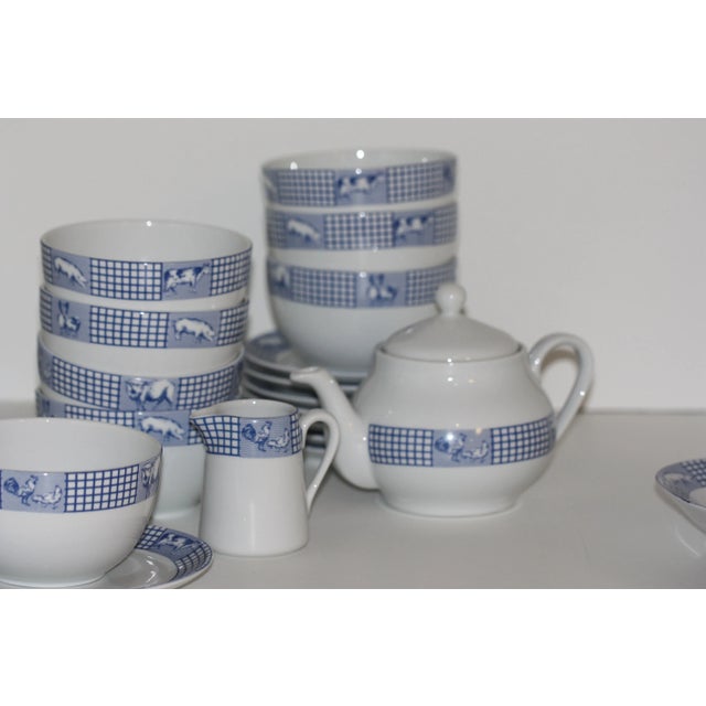2000 - 2009 French Blue & White Porcelain Breakfast Service in the “Ferme D’Antan” Pattern by Jacques Coeur France – 24 Pieces For Sale - Image 5 of 12