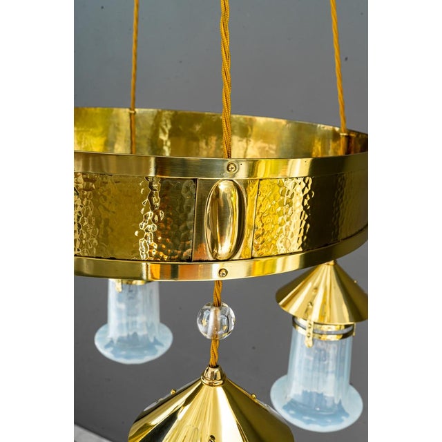 Art Deco Hammered Chandelier with Opaline Glass Shades, Vienna, 1920 For Sale - Image 17 of 18
