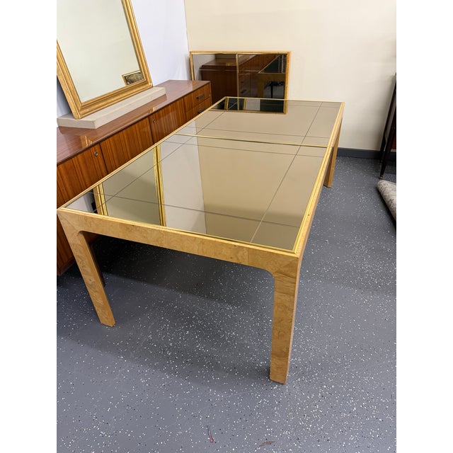 Stunning vintage burl wood parsons dining table from the Scene Two collection by Henredon. This piece features an etched...