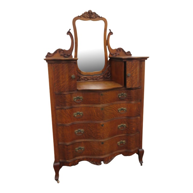 Southern Furniture Early 1900s Tiger Oak Large Tall Serpentine Gentleman’s Chest With Mirror 5982 For Sale
