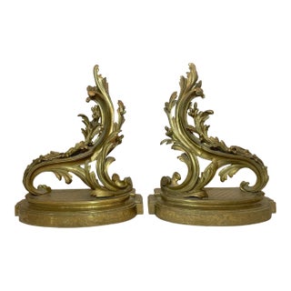 Pair of Antique 19th Century Ornate Rococo Gilt Bronze Fireplace Andirons Brass For Sale