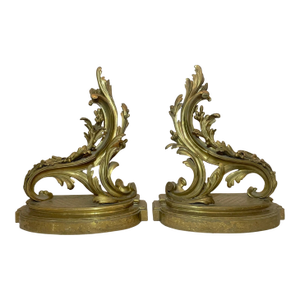 Pair of Antique 19th Century Ornate Rococo Gilt Bronze Fireplace Andirons Brass