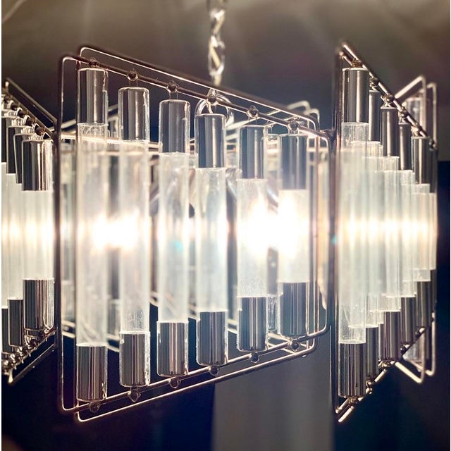 Mid-Century Modern Mid 20th Century Italian Modern Sciolari Trapezoidal Tubular Glass & Steel Chandelier For Sale - Image 3 of 4