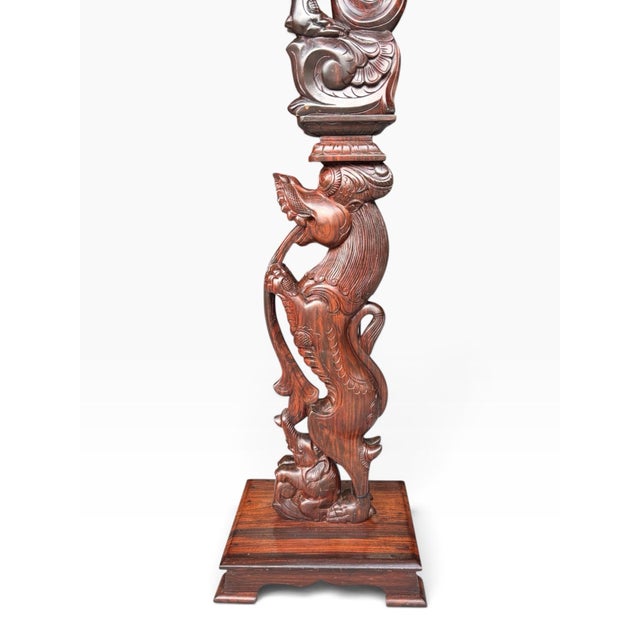 Vintage Chinoiserie Intricately Hand Carved Double Foo Dog Floor Lamp With Helix Top Section Floor Lamp For Sale - Image 9 of 12