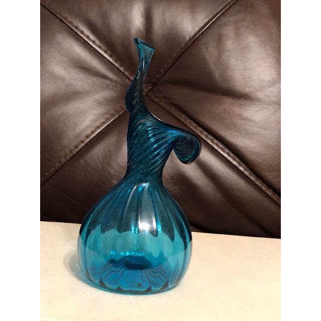 Vintage Mid-Century Teal Blue Optic Swirl Jack-in-the-Pulpit Art Glass For Sale - Image 4 of 4