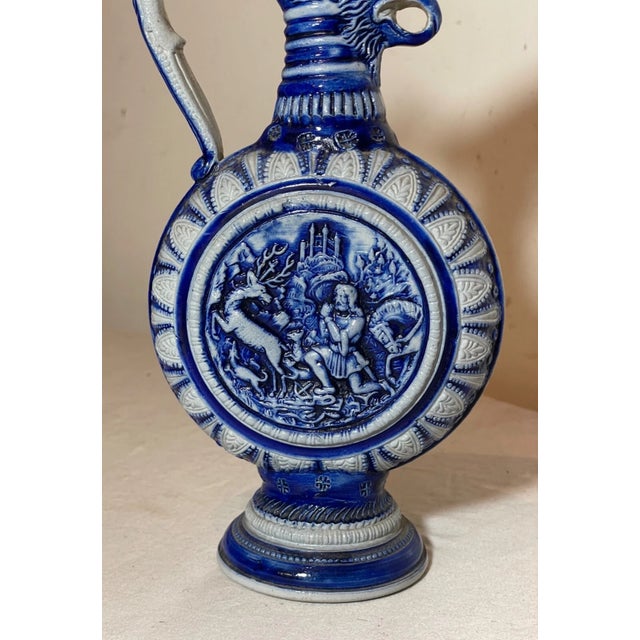 Antique Handmade Figural Blue Gray Westerwald German Pottery Jug Stein Pitcher For Sale - Image 4 of 13