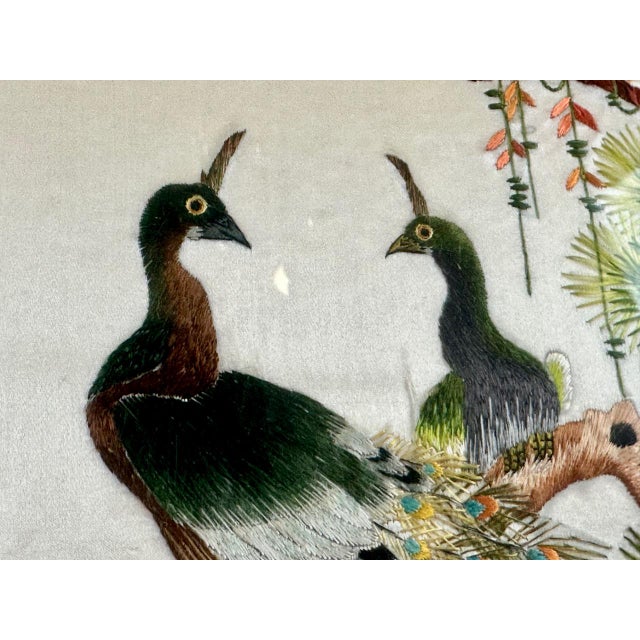 Mid-Century Chinese Embroidered Silk Artwork with Peacock, 1950s, in Flawless conditions. Designed before 1890