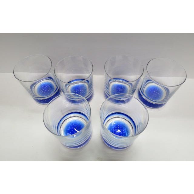 2010s Murano Blue Bubble Bottom Bullicante Whiskey Glasses Set of 6