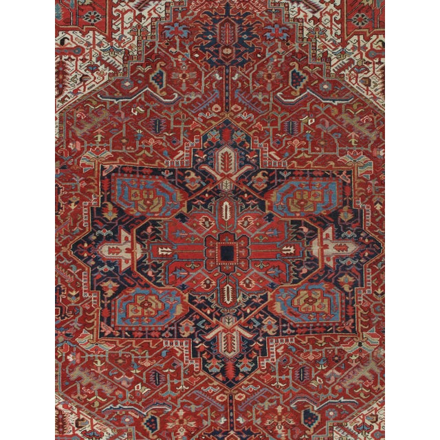 Antique Persian Heriz Carpet Handmade Wool Oriental Rug, Rusty/Red Field, Navy For Sale In New York - Image 6 of 18