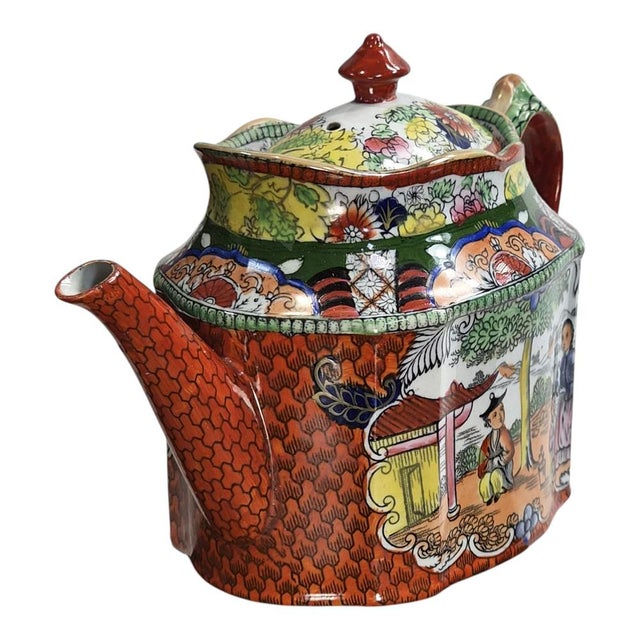 Patent Ironstone New Oval Teapot with Red Scale Conversation Decor, 1820-1830 For Sale - Image 3 of 12