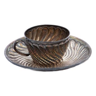 Silver Cup and Saucer with Concentric Reliefs, Set of 2 For Sale