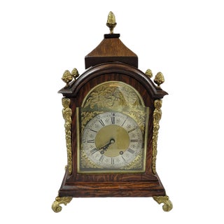 Antique French Tiger Oak Bracket Mantel Clock With Ormolu Caryatids & Pineapple Finials For Sale