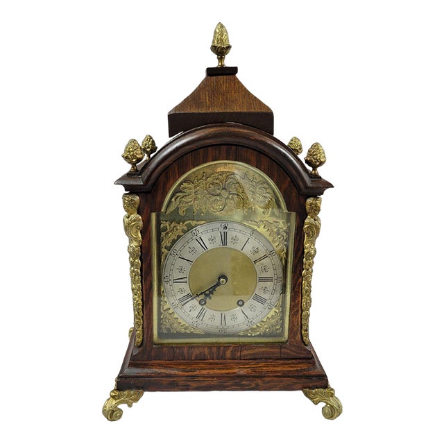 Antique French Tiger Oak Bracket Mantel Clock With Ormolu Caryatids & Pineapple Finials For Sale