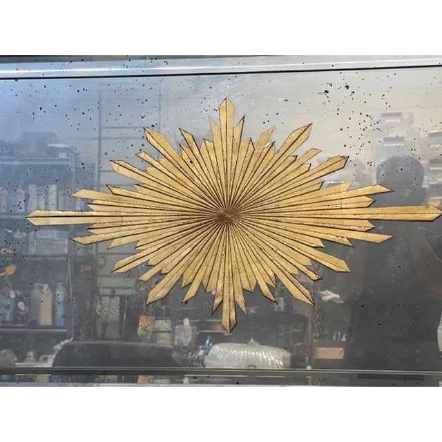 Glass Pair of Jansen Manner Eglomise’ Sunburst Trumeau Mirrors For Sale - Image 7 of 8