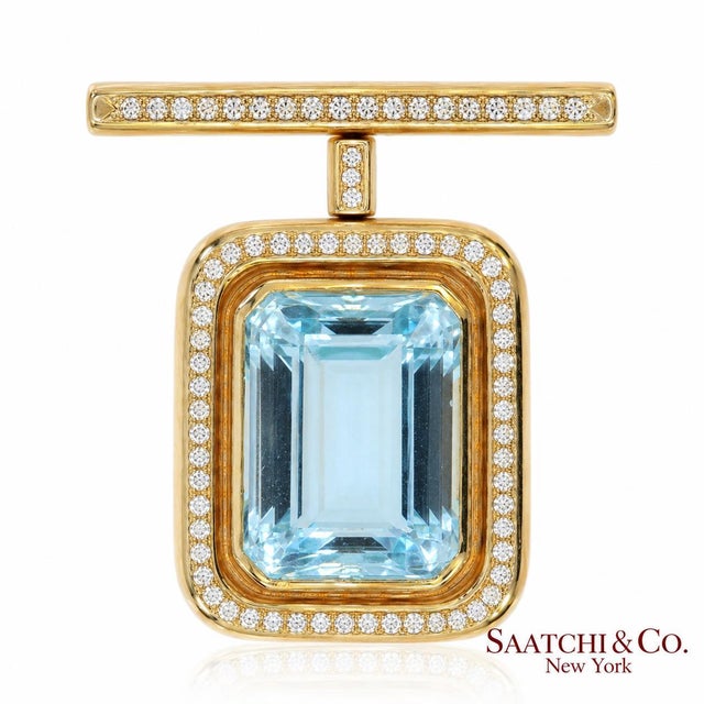 Gia 60 Ct Aquamarine and 4 Ct Diamond 18k Yellow Gold Convertible Pendant Brooch For Sale - Image 4 of 17