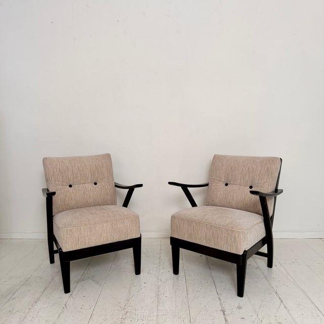 Beige Mid-Century Modern Lounge Chairs with Black Wooden Frame, 1950s, Set of 2 For Sale - Image 8 of 18