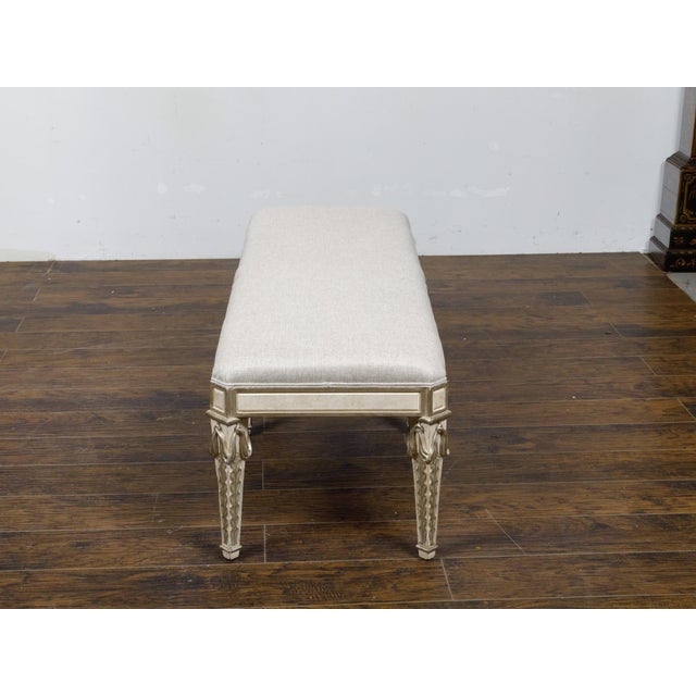 Italian Midcentury Painted Bench with Silver Foliage Carved Legs and Upholstery For Sale In Atlanta - Image 6 of 11