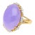 A 19.48 carat oval-shaped lavender jadeite jade, surrounded by 128 round-cut diamonds with a total weight of 0.93 carats,...