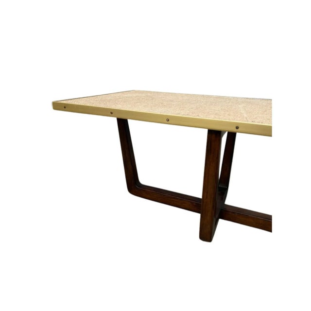 1970s Coffee Table With Brass-Rimmed Raffia Top and Walnut Base For Sale In Los Angeles - Image 6 of 11