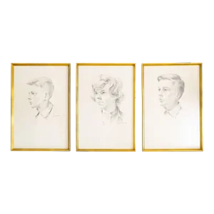 Hand Drawn Graphite Illustration Profile Portraits | Gold Framed Set of Three