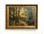 This atmospheric antique landscape oil painting depicts a tranquil woodland river scene, where tall trees frame calm...