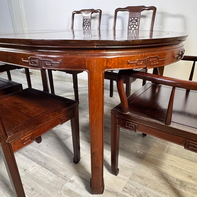 Asian Vintage Asian Rosewood Carved Longevity Extending Dining Table & 10 Chairs For Sale - Image 3 of 13