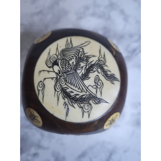 Oxblood Red Antique Chinese Scrimshaw Inlaid Rosewood Fortune Zodiac Cube For Sale - Image 8 of 10