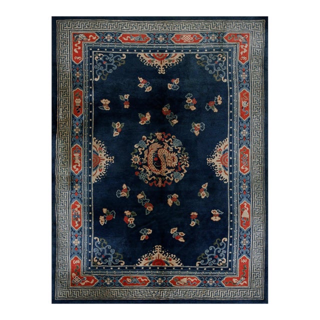 Extraordinary Navy Blue Color With a Dragon and Chinoiserie Design Antique Chinese Peking Rug For Sale