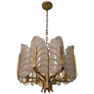 1950s Orrefors Carl Fagerlund Glass Leaves Brass Chandelier For Sale