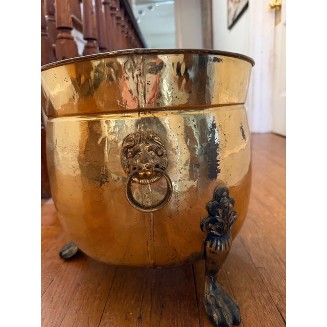 French Late 20th Century Claw Footed Brass Cauldron Planter With Lion Heads For Sale - Image 3 of 6