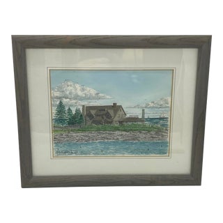 1990 Framed Pen & Ink Print Hand Watercolored “Walker’s Point, Kennebuckport, Me” by Artist Kurt W. Kellar For Sale