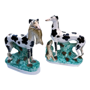 Pair of Staffordshire Pottery Disraeli Whippets & Hares, Victorian, Circa 1860
